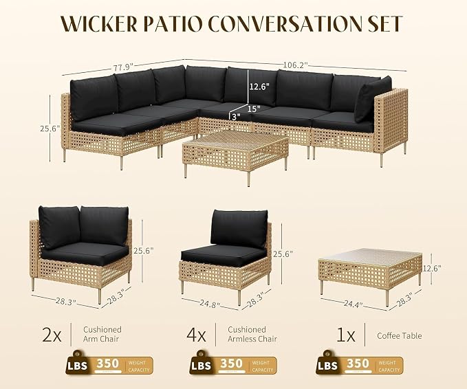 8-Piece Outdoor Wicker Patio Furniture Set with Sectional Rattan Sofa and Coffee Table Thick Cushions for Backyard Lounge(Gray 2)