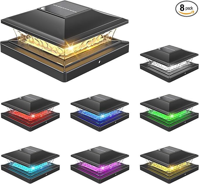APONUO Solar Post Cap Lights with 8 RGB Solid Colors & Multicolor Flow - 8 Pack 6x6 Post Cap Solar Light, IP65 Waterproof - Fits 4x4 5x5 6x6 Wood & Vinyl Posts - Black