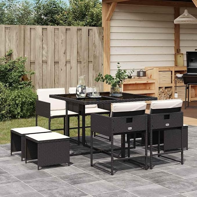 9 Piece Garden Dining Set, Black Rattan Patio Furniture with Cream White Cushions, Space Saving Stackable Chairs and Rectangular Table for Backyard Terrace Deck