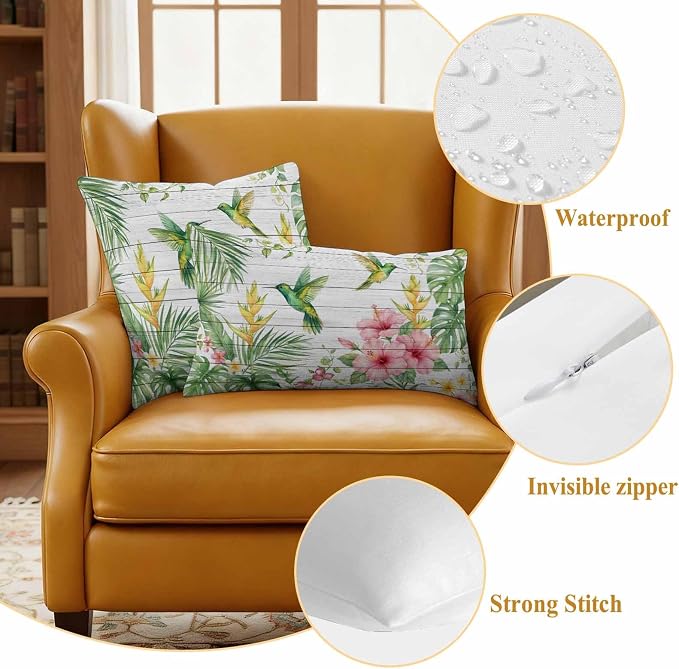 Hummingbirds Hibiscus Outdoor Waterproof Pillow Covers Pack of 2, Birds Botanical Tropical Plant Wood Grain Throw Pillowcases Decorative Cushion Covers for Garden Patio Tent Sofa Couch, 26x26 inch