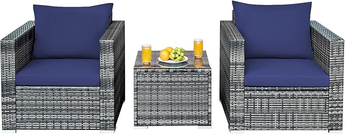 HAPPYGRILL 3 Pieces Patio Conversation Set Outdoor Rattan Wicker Sofa Set with Coffee Table Patio Furniture Set with Soft Cushions for Balcony Porch Backyard Garden