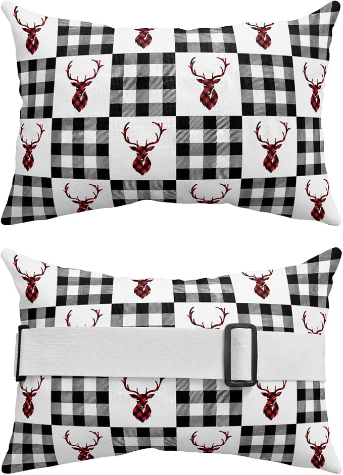 Outdoor Pillows Covers with Inserts Merry Christmas Winter Elk Black and White Plaid Waterproof Pillow with Adjustable Strap Throw Pillows for Patio Furniture Recliner Lounge Chair, 11x16 inch, 1PCS