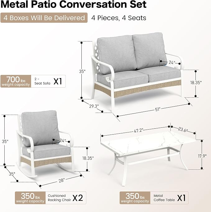 SUNSHINE VALLEY 4 Piece Metal Outdoor Patio Furniture Set, Patio Conversation Sets 1 2-Seater Sofa, 2 Single Sofa with 5.75" Extra Thick Cushion and Coffee Table, White Frame Backyard Furniture, Gray