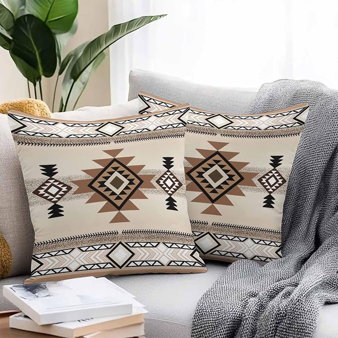 Outdoor Waterproof Throw Pillow Covers Set of 2 Brown Aztec Pillowcases 24x24 Inches Western Tribal Boho Pattern Decorative Pillows Cushion Case Patio Pillows for Couch Bed Chair Garden