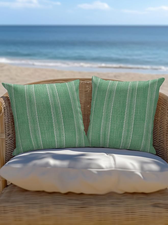 Vandarllin Waterproof Outdoor Pillow 1 Pack Sage Green Linen Stripes Decorative Throw Pillows Cover & Insert 18x18 Inch Pillowcase Parallel Vertical Lines Pillows for Couch Sofa Bed Patio Furniture