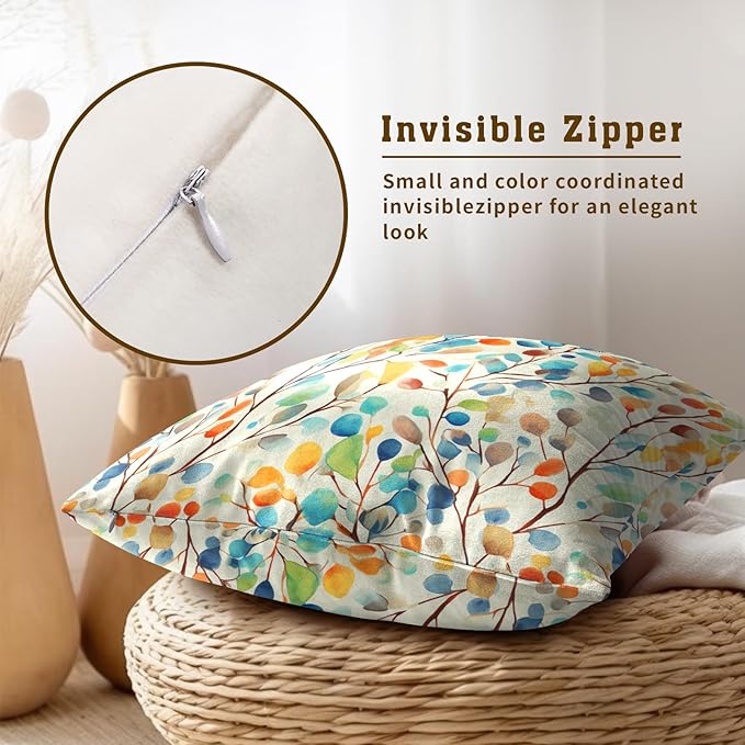 Flowers Leaves Pillow Cover 20x20 Set of 2 - Yellow Green Leaf Floral Pattern Square Cushion Cover Cotton Linen Decorative Pillowcase for Couch Sofa Porch Outdoor