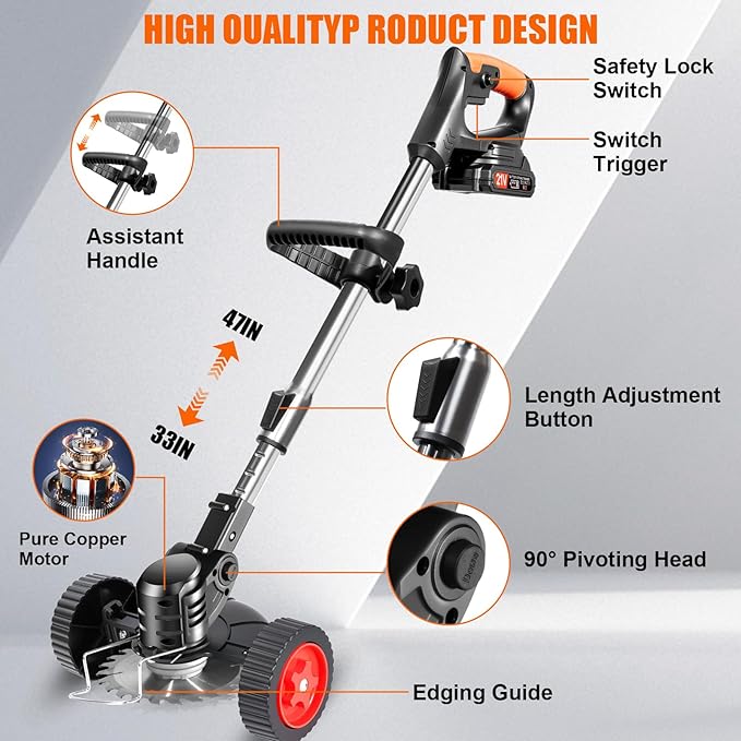 Electric Weed Wacker Cordless with Wheels, 2pcs Batteries&4 Types Blades,Lightweight, Low Noise Weed Trimmer 21V stringless Weed Wacker, Grass Trimmer/Brush Cutter/Edger, for Thick Weeds&Yard Garden