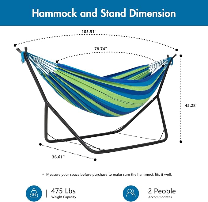ANOW Double Hammock with Stand for Outside, Portable Space Saving Heavy-Duty Steel Stand for Indoor Outdoor Patio, 475 Lbs Capacity, Blue and Green Stripe