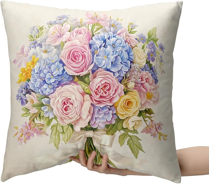 Spring Summer Floral Pillow Covers 20x20 Pink Rose Blue Hydrangea Throw Pillow Covers Exquisite Bouquet Pillow Case Flowers Cushion Case for Living Room Couch Sofa 2 Pack