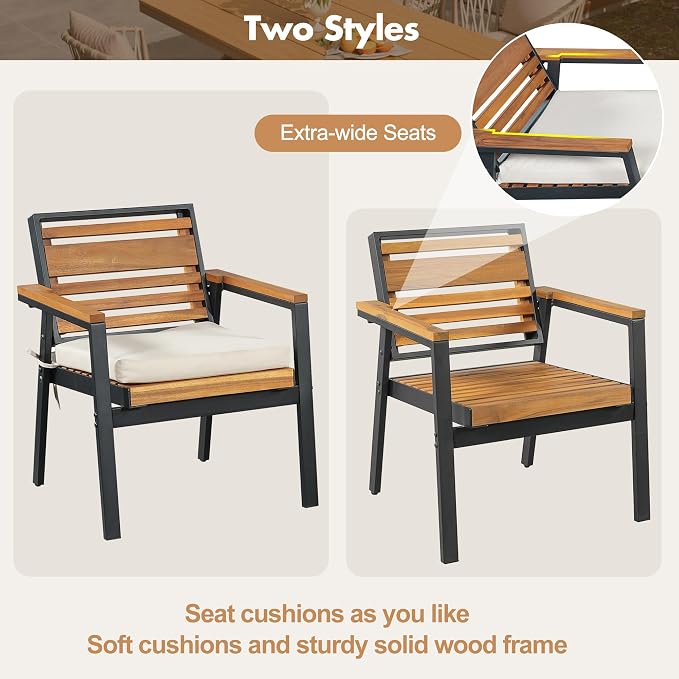 7-Piece Outdoor Patio Dining Set, All-Weather Rectangle Table and 6 Chairs with Dual-Layer Iron & Acacia Wood Seat Frame and Detachable Cushions for Backyard Garden Poolside (Beige-5.14)