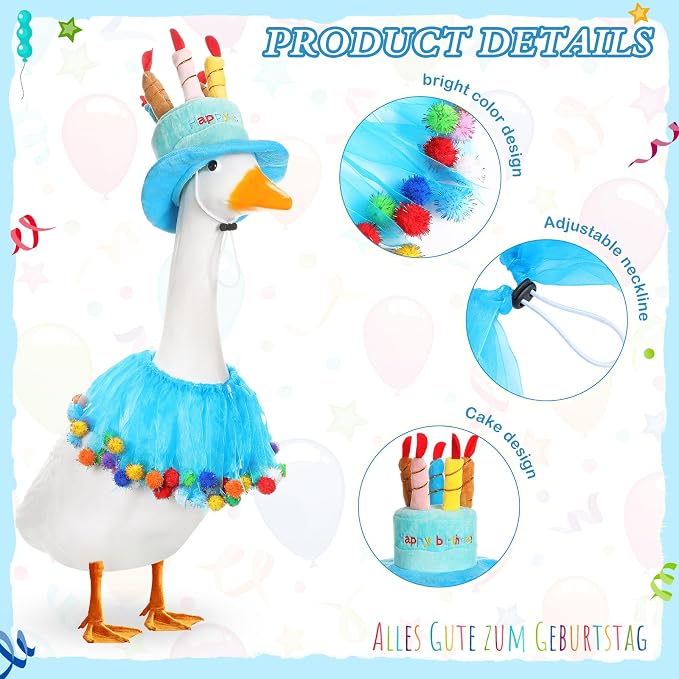 Aliceset Happy Birthday Porch Goose Outfit Lawn Goose Clothes Hat and Tutu Collar Goose Outfits for 23" Cement/Plastic Porch Goose Outdoor Statue Patio Yard Lawn Art(Blue)