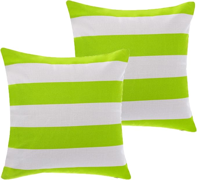 tiggell 2 Pack Waterproof Pillow Covers Outdoor Throw Pillowcases Decorative Garden Cushion Case for Home Garden Patio Couch Balcony Striped (Green & White, 18 * 18 inch)