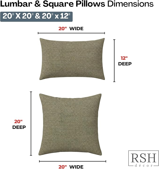 RSH DECOR: Sunbrella Lumbar & Square Pillows Set of 4 | 20" x 12" & 20" x 20" | Water and Fade-Resistant Performance Fabric | Outdoor Throw Pillows for Patio Furniture | Made in USA (Spirit Fern)