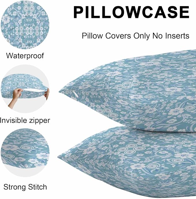 Blue Floral Outdoor Pillow Covers 20x20 Inch Throw Pillow Covers Set of 2 Waterproof Decorative Pillow Cases Vintage Pastoral Botanical Leaves Cushion Covers for Patio Furniture Garden Couch Sofa