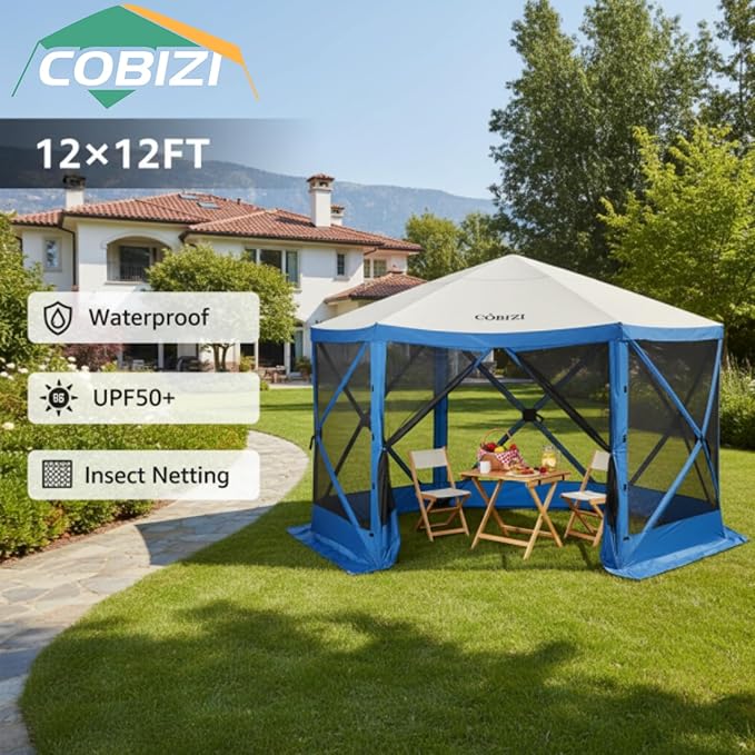 COBIZI 12x12 FT Pop Up Canopy Shelter Tent, Large Gazebos On Clearance with Sidewalls, Screened in Gazebo, Screen Tents Portable carpas para Patio for Outdoor Camping, Backyard, Garden, Beach, Blue