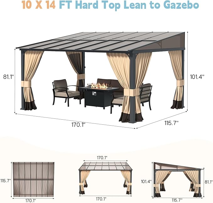 10' x 14' Lean to Gazebo,Large Wall Mount Heavy Duty Gazebos Pavilion,Outdoor Hardtop Pergola Shelter with Curtains and Netting,Sunshade for Patio Garden Lawn Backyard Deck,Brown