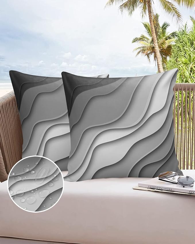 Ombre Abstract Geometry Gradient Grey White Outdoor Waterproof Throw Pillow Covers 24 x 24 Inch Set of 2, Pillowcases Decorative Square Cushion Cases for Patio Furniture Couch Porch Garden
