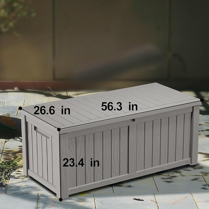 Vixzen 121 Gallon Resin Deck Box, Lockable Outdoor Storage Box for Patio Cushions Storage Furniture,Garden Tools, Pool Supplies, Weatherproof and UV Resistant- Grey