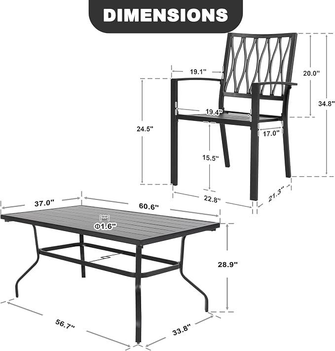 NUU GARDEN 7 Piece Patio Dining Set, 61" Rectangular Outdoor Metal Dining Table with Umbrella Hole, Stackable Outdoor Dining Chairs for Backyard, Deck, Yard, Garden, Black