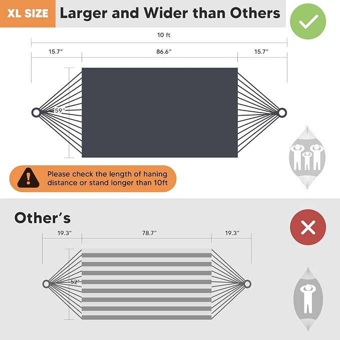 SUNCREAT Hammocks Outdoor Camping Double Hammock with Spreader Bar, Carrying Bag, Portable Tree Hammock for Outside, Dark Gray