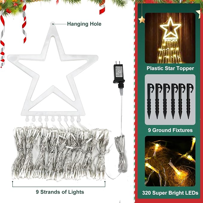 Christmas Lights, 320 LED String Lights with 12" Plastic Star Tree Topper, 8 Modes Outdoor Waterproof Christmas New Year Parties, Yard, Garden, Home Decor (Warmwhite)