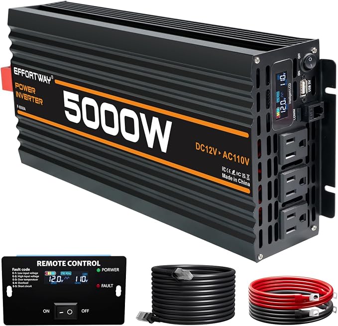 5000W Power Inverter, 12V DC to 110V/120V Modified Sine Wave Inverter with 3 AC Outlets, USB Port, Wired Remote Controller, Car Power Inverter for RV, Truck, Boat, Camping, Off-Grid