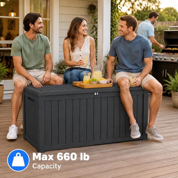 180 Gallon Large Outdoor Storage XXL Deck Box for Patio Furniture, Outdoor Cushions, Garden Tools and Sports/Pools Equipment, Waterproof Resin, Lockable, Black (Black + Plastic-2)
