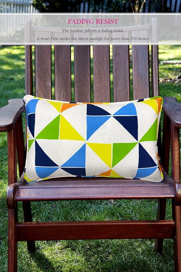 Pack of 2 Outdoor Waterproof Decorative Lumbar Pillows with Inserts for Patio Furniture, 20x12 Inch Fade Resistant Patio Garden Lumbar Cushions for Couch Bed Sofa, Triangular Multi
