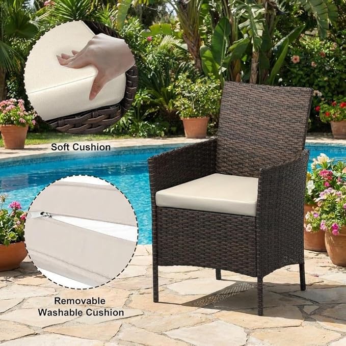 3PCS Outdoor Patio Bistro Set, PE Rattan Wicker Armchairs with Water-Resistant Cushions & Tempered Glass Coffee Table, All-Weather Conversation Set for Garden, Backyard, Porch, Poolside, Brown/Beige