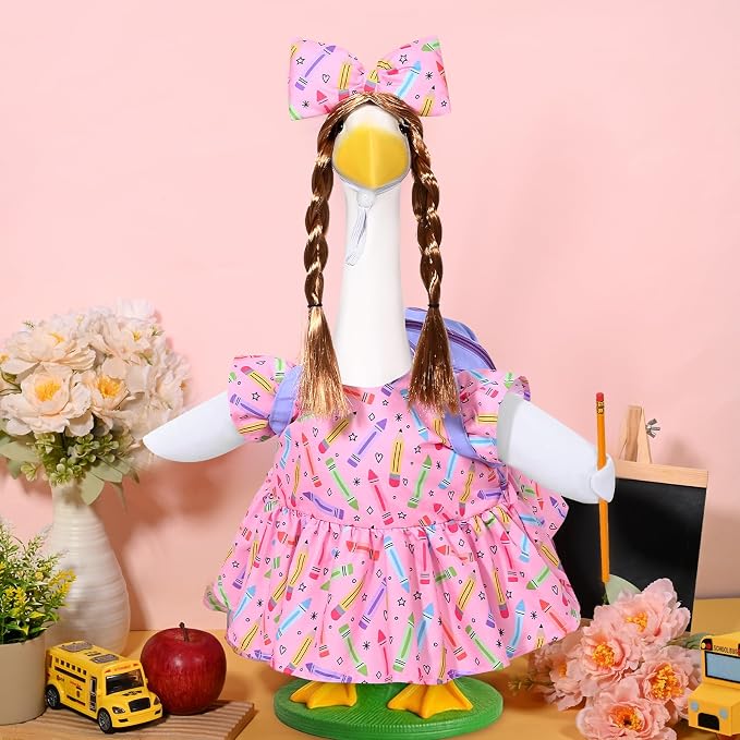 JcHrmers Back to School Goose Outfit Crayon and Pencil Goose Clothes Fits 23" Cement Plastic Geese Statue for School Classroom Outdoor Garden Yard Patio Statue Art Decor (Pink)