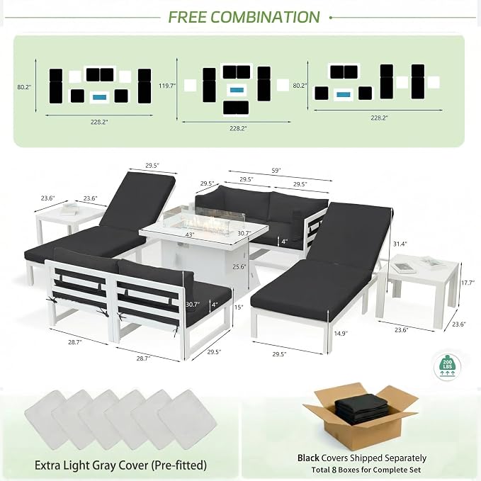 RADIATA 6 Seat Large Aluminum Patio Conversation Set with Lounge & Fire Pit Table, 29" Deep Wide Seat, High End Modular Sectional Seating, 500 lbs Heavy Duty Anti-Rust Outdoor Sofa for Poolside, Black