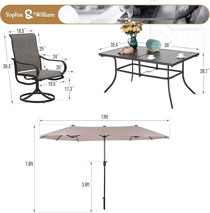 Sophia & William Patio Set with Umbrella 8 Pieces Outdoor Dining Set for 6 with 13ft Outdoor Beige Umbrella, 6 x Swivel Patio Chairs with 59" Dining Table for Lawn Garden (No Umbrella Base)
