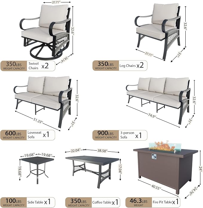 9 Pieces Outdoor Patio Conversation Sets, Outdoor Furniture Set Metal 3-Seater 2 Swivel Rockers with Side Table 2 Single Chairs 1 Loveseat with Coffee Table and Fire Pit Table, Beige