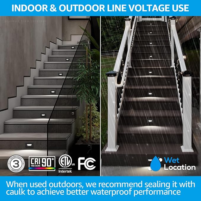 LEONLITE 12-Pack 5CCT 120V LED Step Lights, Horizontal, Black | 150LM, 5%-100% Dimmable, CRI90, ETL, Indoor Outdoor Stair Lights, Wet Location, 2700K/3000K/3500K/4000K/5000K, Aluminum