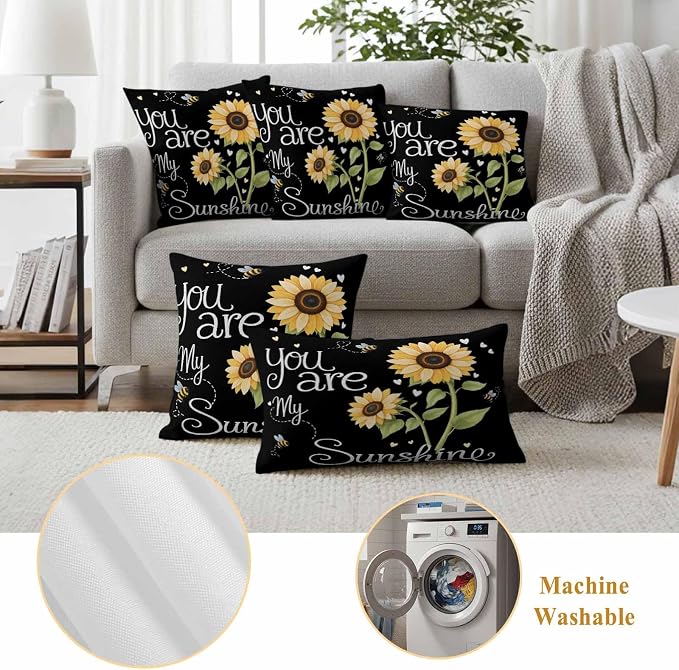 Outdoor Pillow Covers You are My Sunshine Words Decorative Throw Pillow Covers, Country Sunflowers Bees Throw Cushion Case with Zipper for Patio,Couch,Sofa,Garden 16x16in Set of 2
