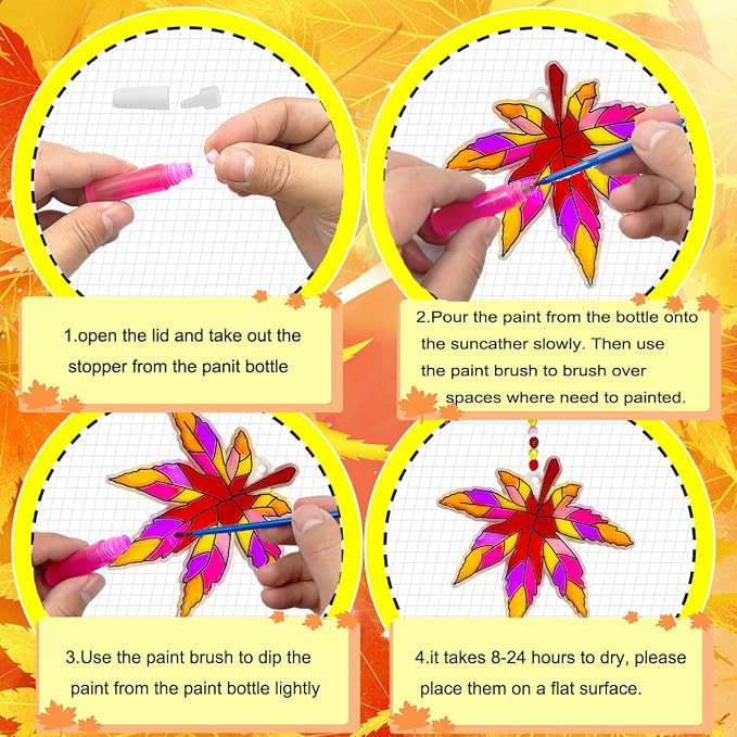 AUEKIV Suncatcher Kit 32 Sets Fall Leaf Suncatchers Window Art Paint Sun Catcher DIY Craft Kits Autumn Maple Leaf Sun Catchers Bulk for Thanksgiving Harvest Party Art Project Decoration