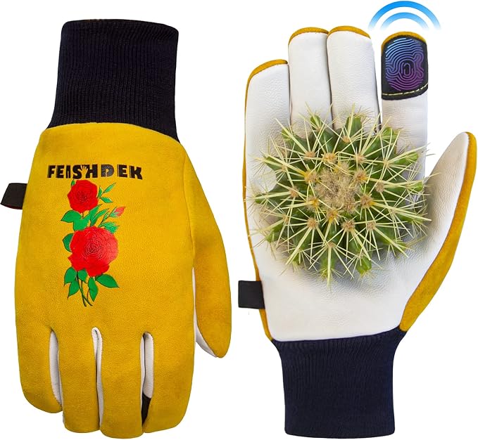 Cactus Gloves, 2 Layers Leather Palm, Deerskin Back Women Gardening Gloves | Thorn Proof for Cacti Handling, Elastic Cuff, Touch Screen, Goatskin with Deerskin Leather Palm Garden Gloves for Women
