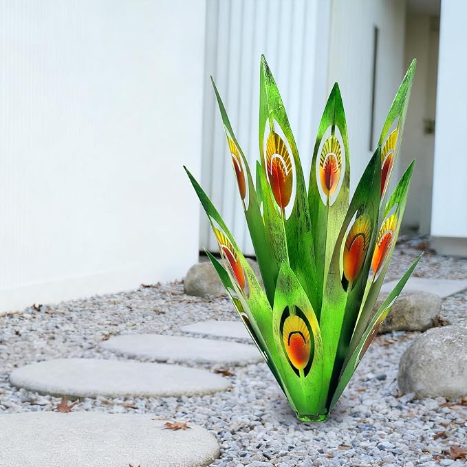 Jesokiibo Tequila Rustic Sculpture DIY Metal Agave Plant Home Decor Rustic Hand Painted Metal Agave Garden Ornaments Outdoor Decor Figurines Home Yard Decorations Stakes Lawn Ornaments (Green 2PCS)