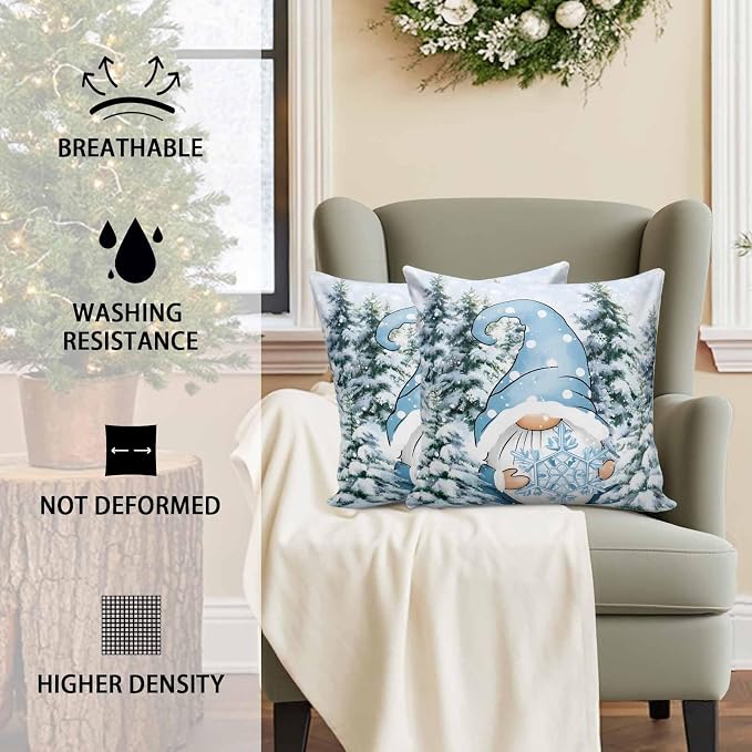 Christmas Gnome Outdoor Pillow Covers Set of 2, Xmas Blue Snowflake Decorative Waterproof Throw Pillowcase Winter Snowy Pine Forest Cotton Linen Soft Cozy Cushion Cover Pillowsham 16x16In