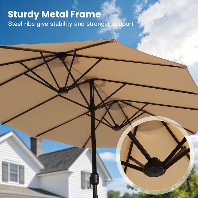 Outdoor Dining Set for 6, 8 Pieces Patio Table and Chairs Set with Umbrella, 63" Outdoor Dining Table and Padded Textilene Patio Swivel Chairs for Garden Backyard, Sandshell