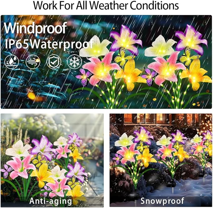 Solar Lights Outdoor, Gift for Women Mom Grandma Wife, 2 Pack 8 Solar Lily Flower Lights With 4 Butterfly Decor, Solar Flower Lights Waterproof, Outside Decor Stake Light for Landscape Yard Patio Lawn