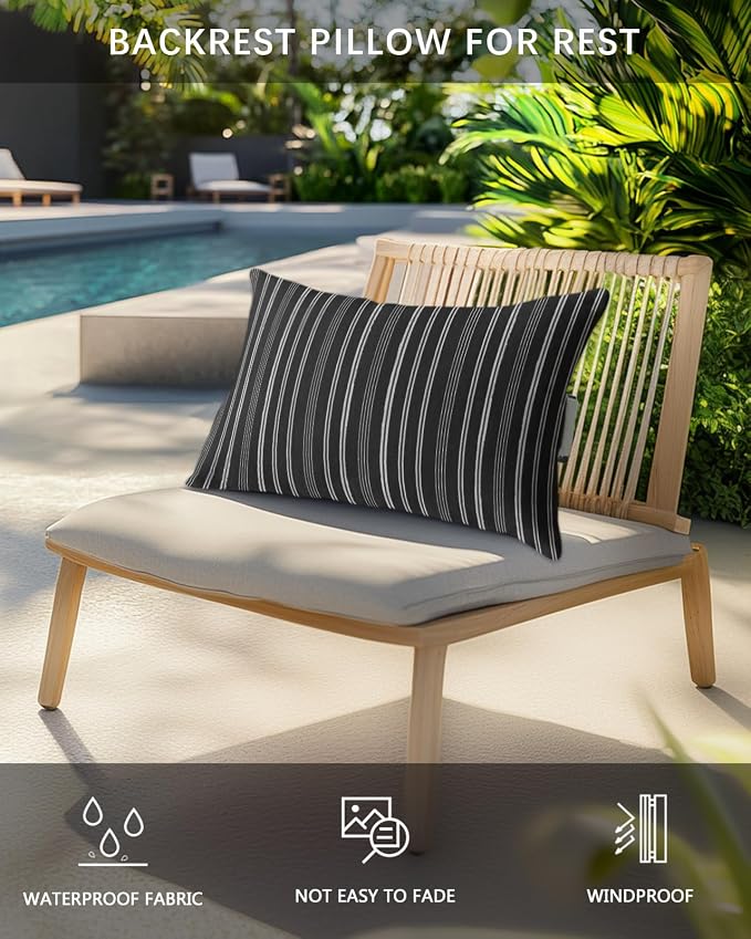 Pack of 2 Outdoor Lumbar Pillow Covers 11x16 Inch, Black Striped Waterproof Throw Pillow Covers Set, Farmhouse Stripes Modern Vintage Indoor&Outdoor Decorative Cushion Cases for Patio Porch Car