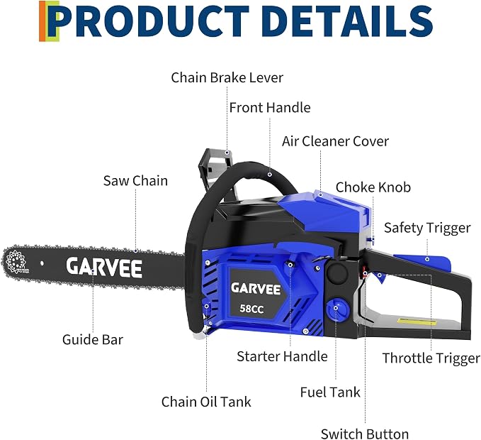 Garvee 58CC Gas Chainsaw, 20 Inch Gas Powered Chain Saw with 2-Stroke Engine, 3-Second Quick Start, Quick Start and Anti-Vibration System for Heavy-Duty Logging, Firewood and Woodworking