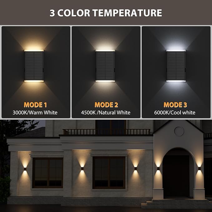 Solar Wall Light Outdoor,3000/4000/6000K 3 Modes Dusk to Dawn Lighting Wall Sconce IP67 Waterproof Up and Down Solar Lights Outdoor for House, Garage, Porch,Doorway (4 Pack)