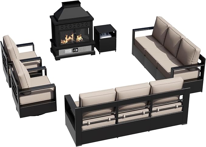 Outdoor Aluminum Furniture Set, 5-Piece Patio Conversation Set, 2 Swivel Chairs, 2 Sofa and 1 Fireplace, All-Weather Metal Frame, 6" Thick Removable Cushions, Deep Setting for Garden and Porch