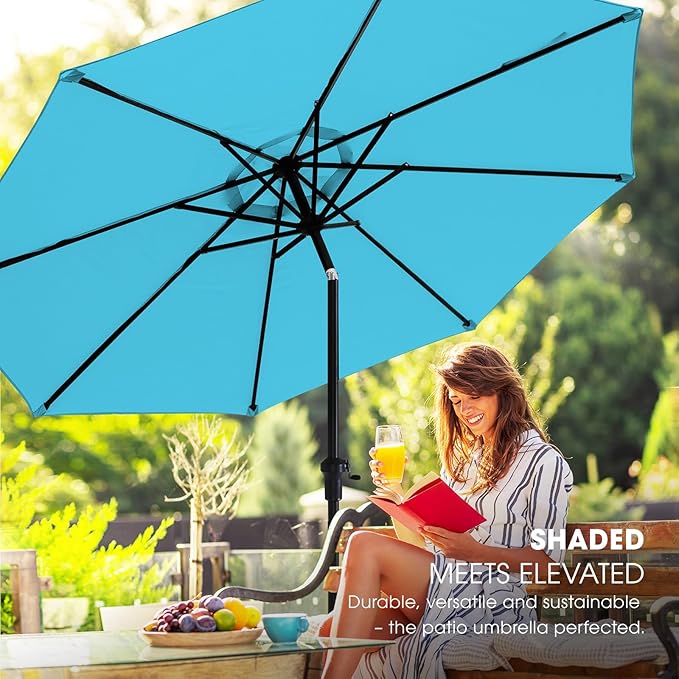 wikiwiki 9FT Patio Umbrella with Base, Outdoor Umbrellas with Base Included, 8 Sturdy Ribs, Waterproof Fade Resistant POLYESTER DTY Canopy for Deck, Lawn, Garden, Backyard & Pool, Sky Blue