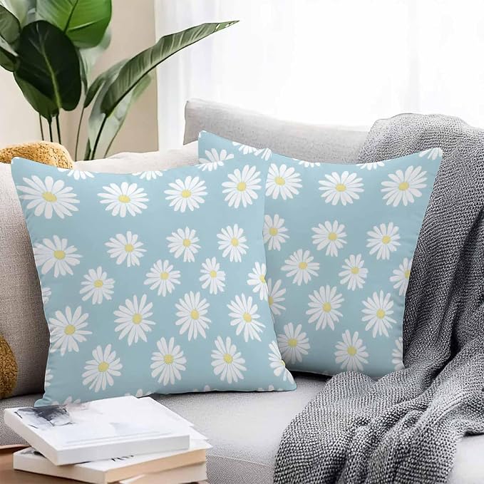 Throw Pillow Covers 20x20 Inch Set of 2, White Teal Daisy Waterproof Outdoor Pillow Covers, Spring Summer Floral Farmhouse Decorative Cushion Pillowcases for Couch, Sofa, Bed, Garden, Patio
