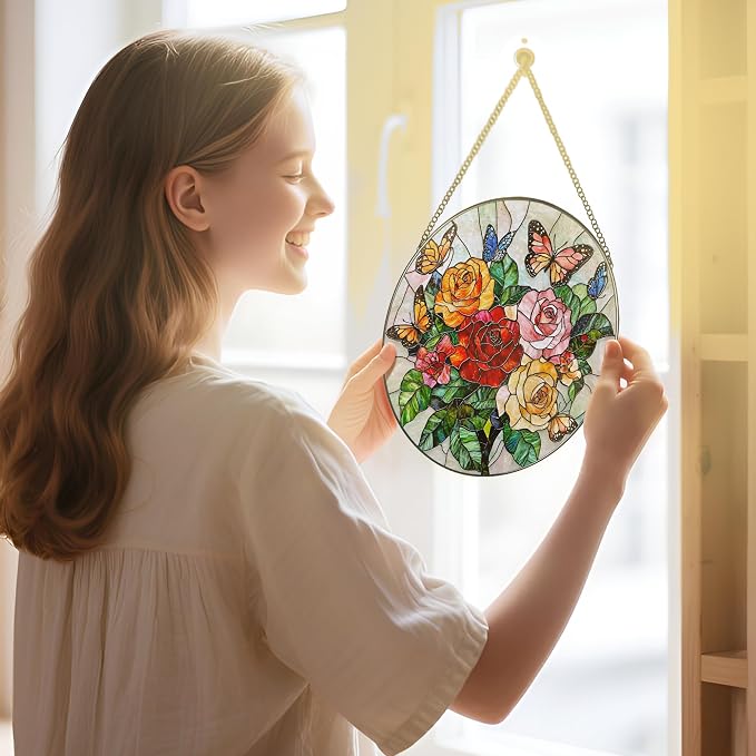 Butterfly & Rose Ornament: Stained Glass Suncatcher, Suncatcher for Window Decor, Stained Glass Window Hanging, Christmas Ornament, Gifts for Nature Lover, Women, Christmas, Mother's Day, Birthdays