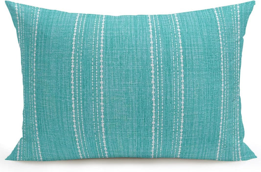 Vandarllin Waterproof Outdoor Pillow 1 Pack Aqua Linen Stripes Decorative Throw Pillows Cover & Insert 20x12 Inch Lumbar Pillowcase Parallel Vertical Lines Pillows for Couch Sofa Bed Patio Furniture