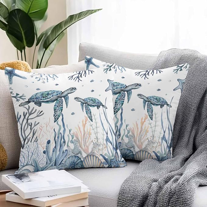 Outdoor Pillow Covers 26 x 26 in, Blue Sea Turtle Waterproof Throw Pillow Cover Set of 2, Ocean Beach Coral Nautical Coastal Shell Home Decorative Square Cushion Covers for Patio/Couch/Garden